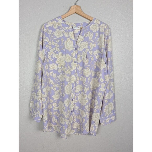 Denim & Company Floral Button Up Blouse Large - Picture 1 of 7